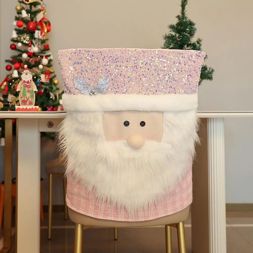 Christmas Chair Cover Santa Snowman Reindeer Chair Back Cover Xmas Pink Sequined Chair Slipcover Kitchen Party Home Decor