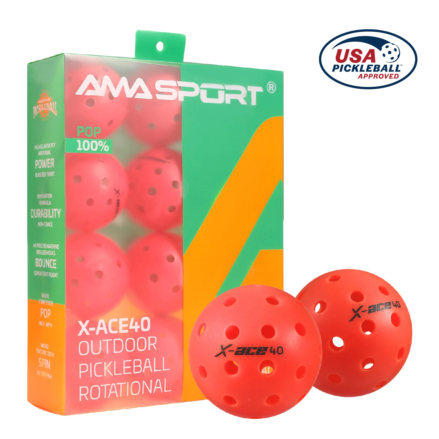 

AMASport X-ACE Pickleballs — 40 отверстий, 3/4/6/12 шт., уличные шарики для пиклбола — устойчивые к трещинам цельные шарики — 100% ПОП-красный