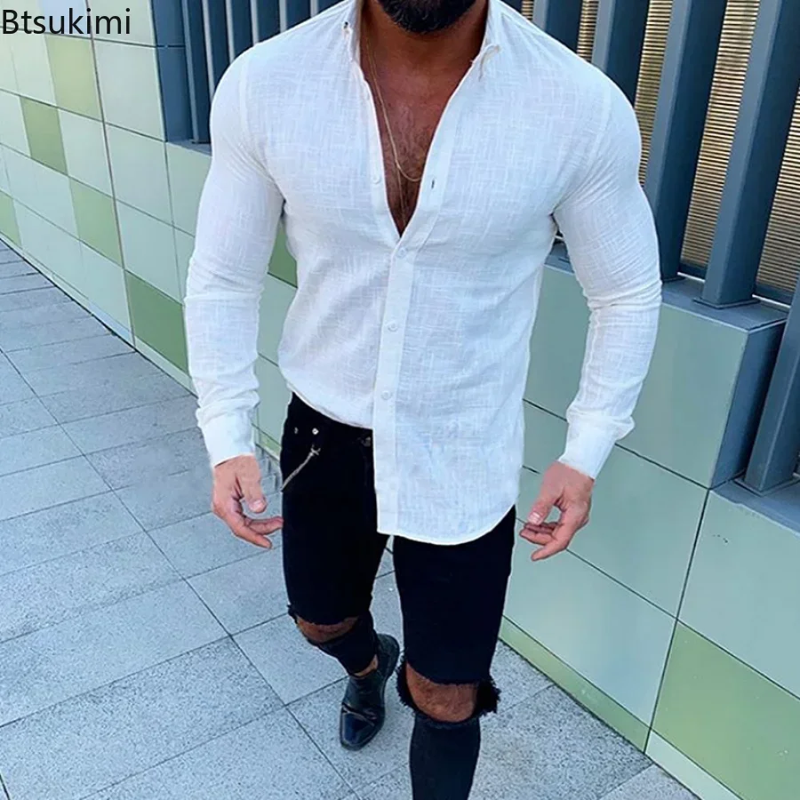 2024 Heren Casual Lange Mouwen Katoenen Linnen Dunne Stijl Revers Hennep Shirt Heren Losse Vest T-Shirt Mode Shirt Voor Heren