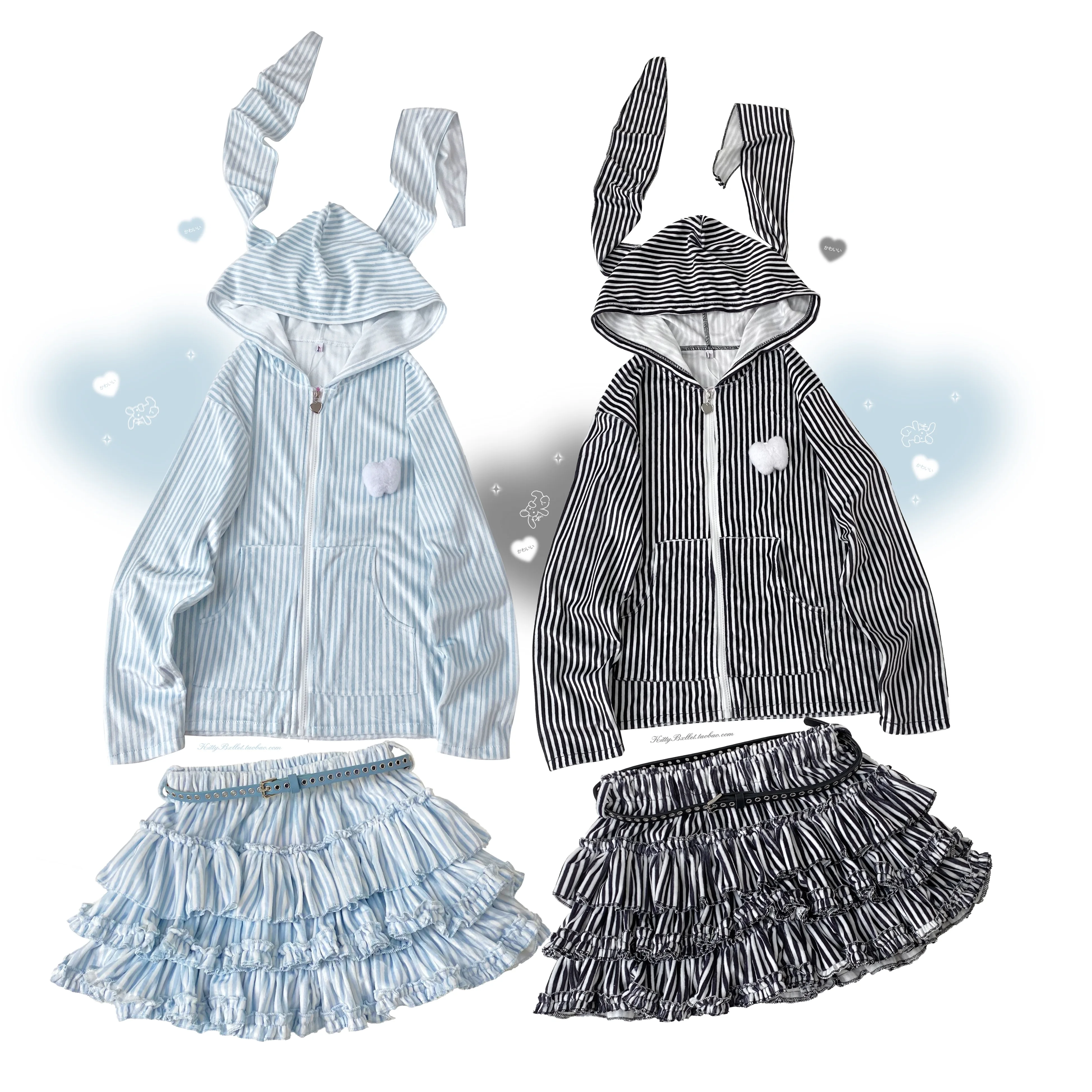 Dophee Original Landmine System Stripes Zip Sweatshirt Cute Rabbit Ears Hooded Coat Young Girl Elastic Waist Ruffles Short Skirt