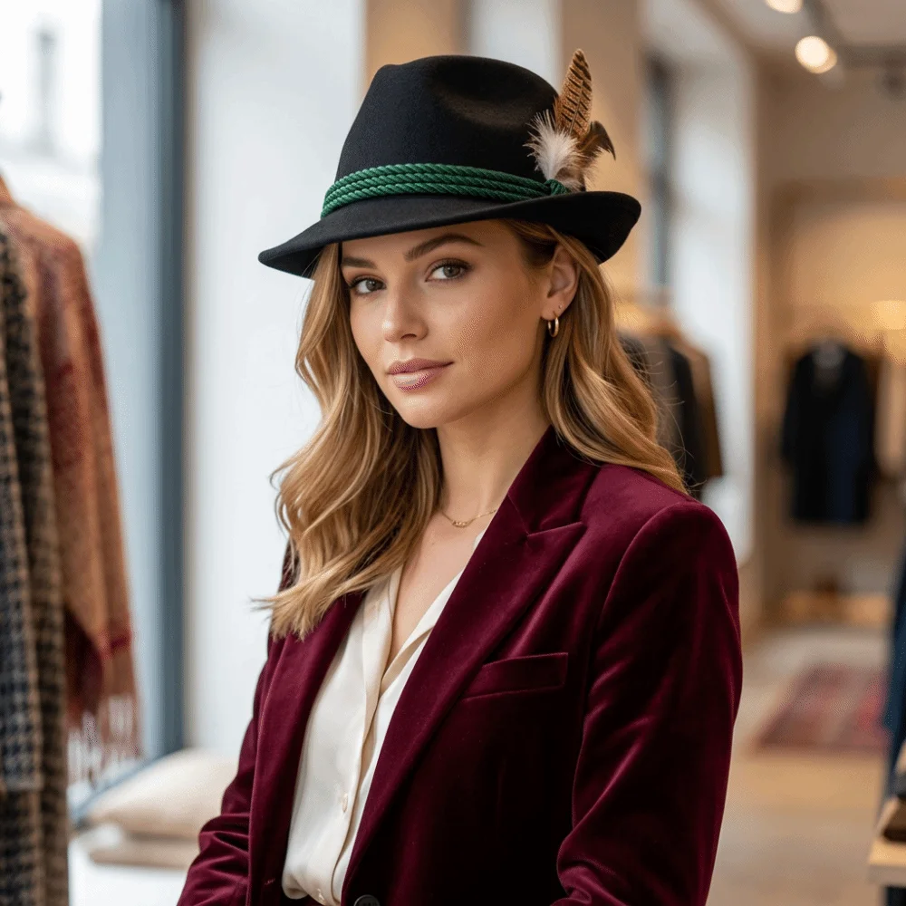 New Classic Bavarian Feather Hat Structured Brim Western Jazz Cap Dress Up Decorative Side Cord Fedora Hat Men Women