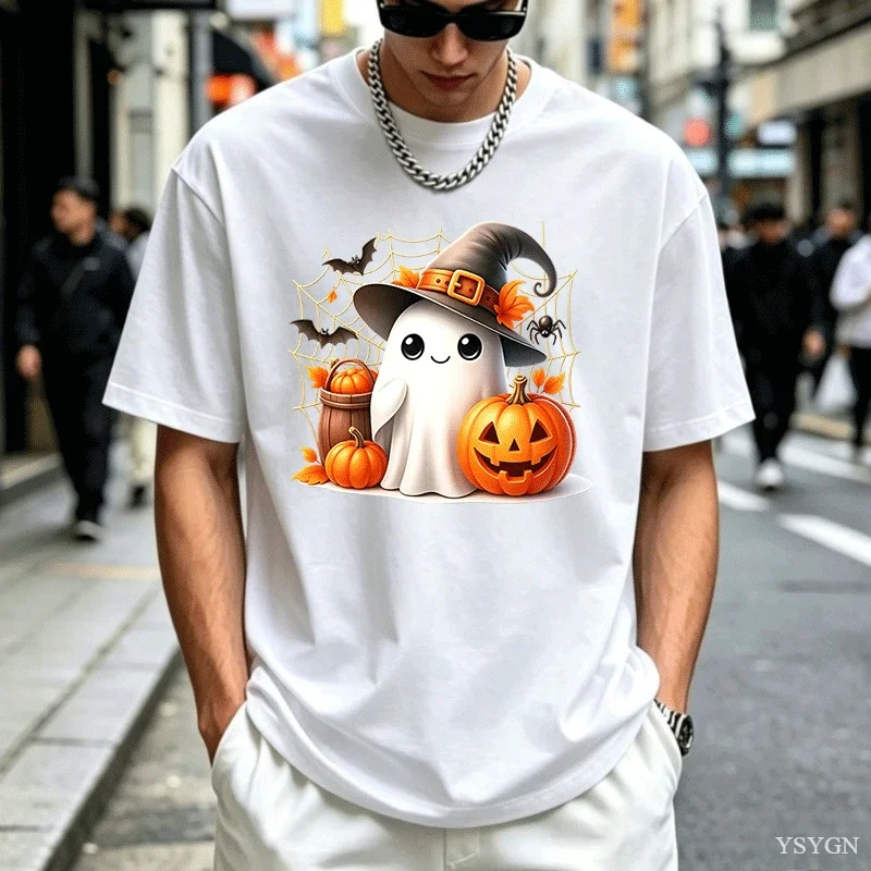 Cute Halloween Ghost Witch Hat Pumpkin Bat Spider Web Art Print Graphic Ladies T Shirt Short Sleeve Crew Neck Casual Tee Tops