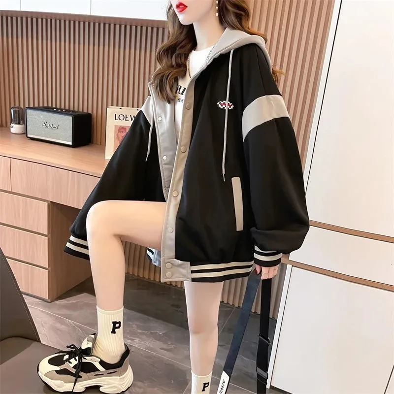 Fashion Hooded Sweatshirt Women Loose Stitching Oversize Coat Fall Korean Fashion Niche Trend Pocket Baseball Cardigan Jacket