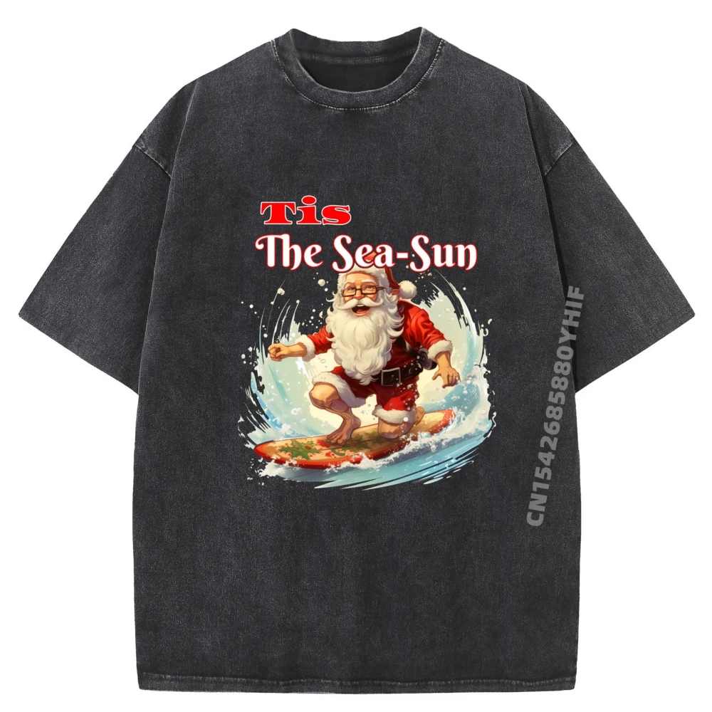 

Surfing Santa Claus Tis The Sea-Sun Tops Tees Funny Shirt Casual Mens Printed T Shirts Retro Washed T-shirts