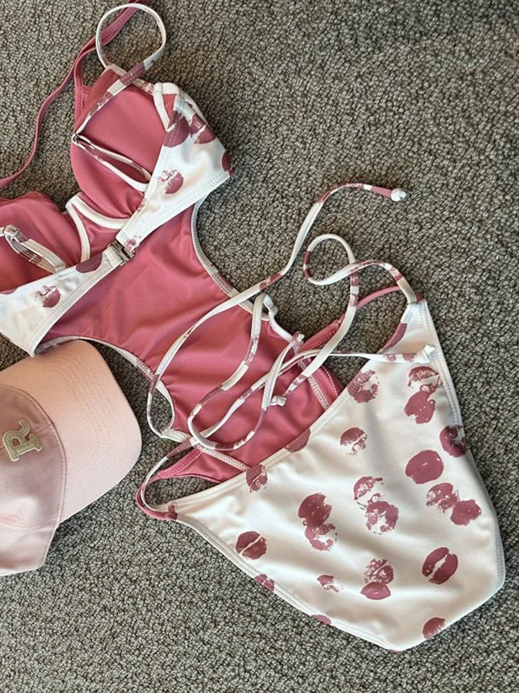 Sexy Laced Up Backless Bikini Women Swimsuit High Waist Hollow Out Print Beach Bikini 2025 New Summer Swimwea One Piece Swimsuit