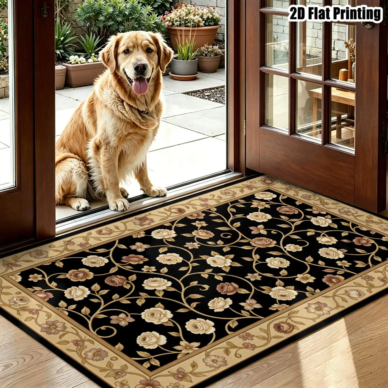 1Pc 2D Printed Floral Carpet, Black Base, European Retro Bohemian Style, Machine Washable, Ideal for Home Decor and Multi-Scene Use