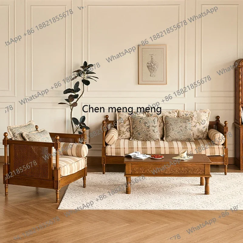 Solid wood rattan surface single seat three person widened sofa living room, retro, combination sofa
