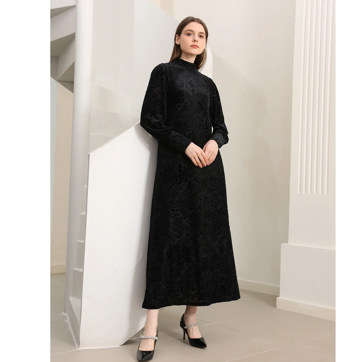 AP New Women Black Burn-Out Floral Velvet Dress With Lining Lady 2025 Autumn Elegant Maxi Dress Fashion Clothing High End