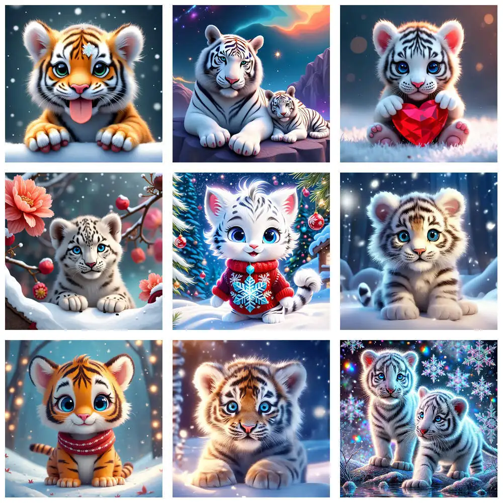 5D-Diamantgemälde zum Selbermachen, skurriler Tiger, Schneeszene, Kristallkunst, Tier, volle runde Diamant-Sticksets, Bild von Strasssteinen