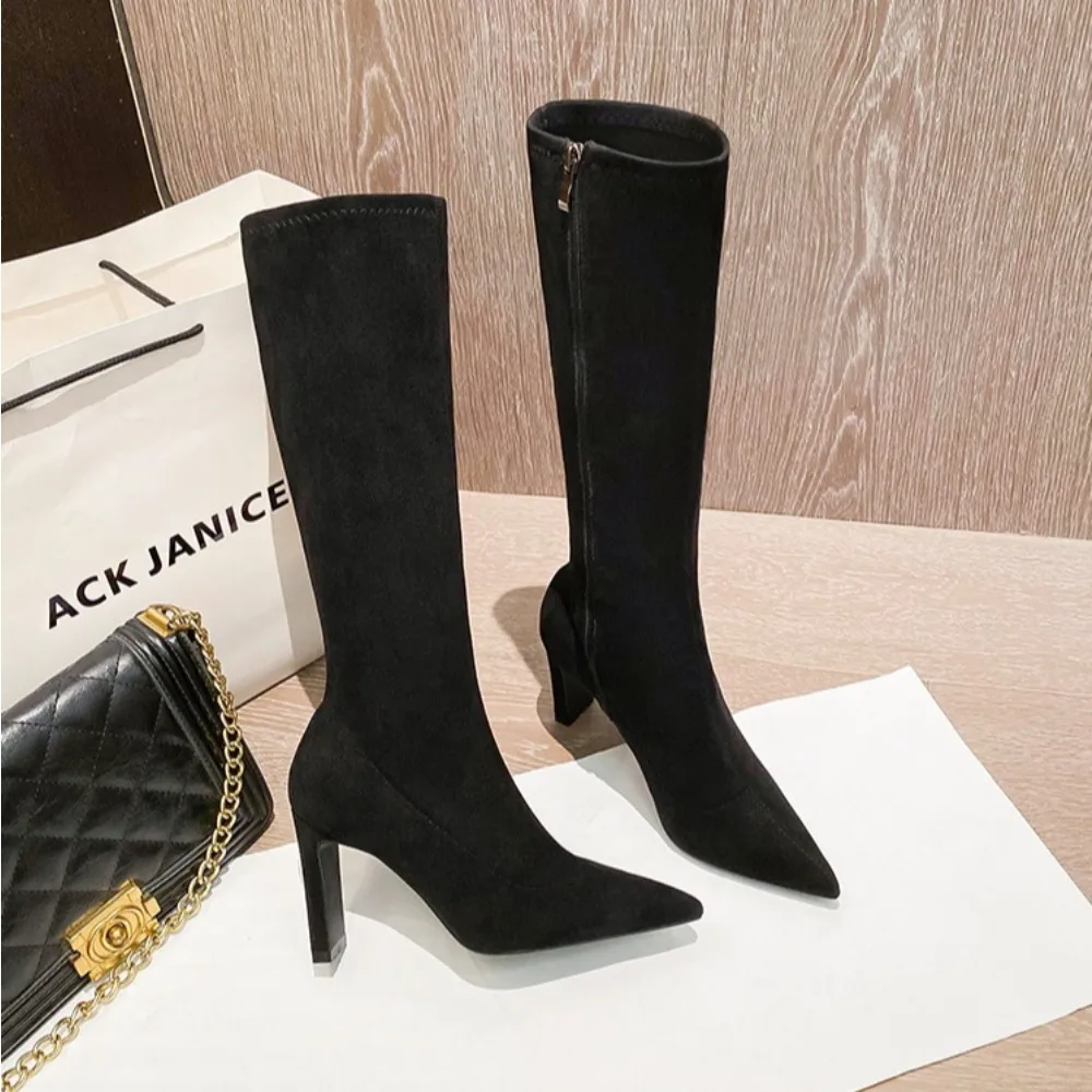 

Но женские сапоги до колена, осень-зима 2021, высокие сапоги на высоком каблуке, длинные сапоги среднего размера на остром толстом каблуке, женские сапоги до колена