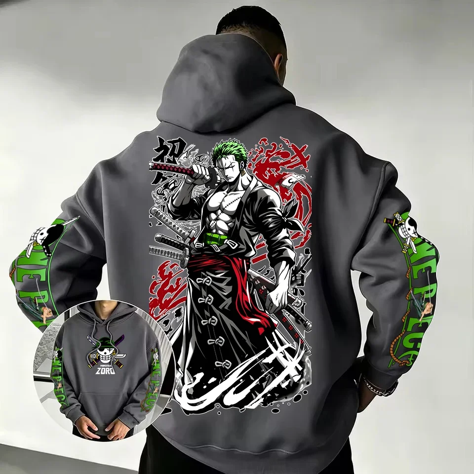 Roronoa Zoro Anime Graphic Double‑Sided & Sleeve Print Hoodie Men One Piece Character Street Hip‑Hop Loose Hooded Pullover