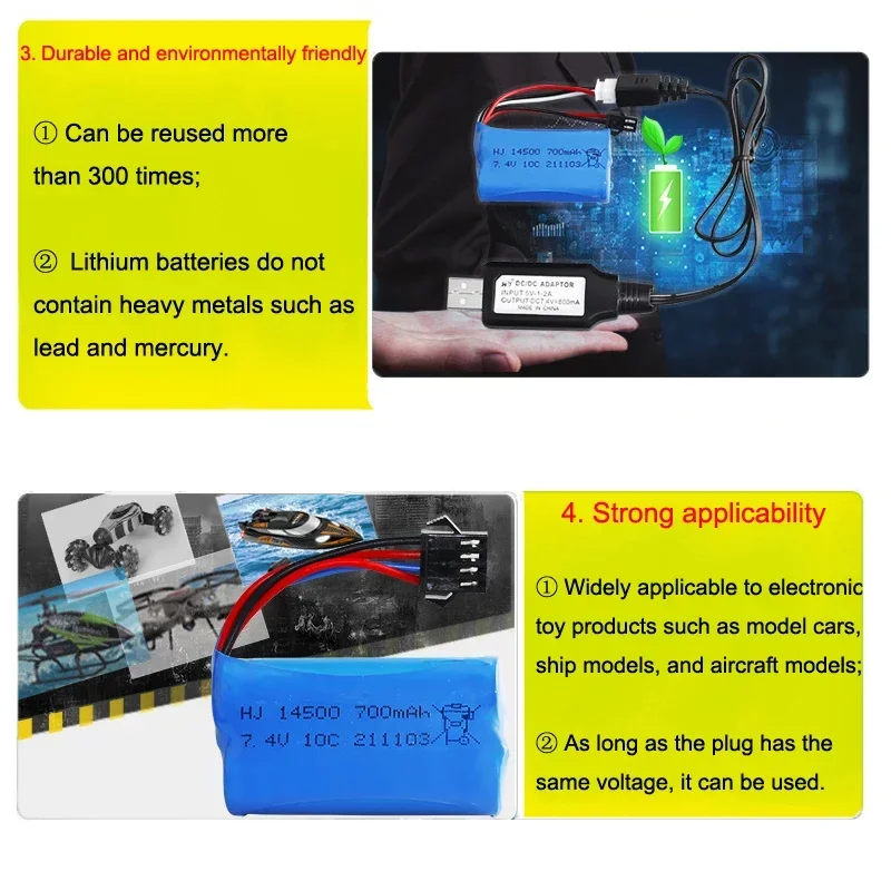 7.4v 2S 700mAh 10C 14500 kabel bateria z USB Lipo do MN45 WPL D12 RC do łodzi motorowej