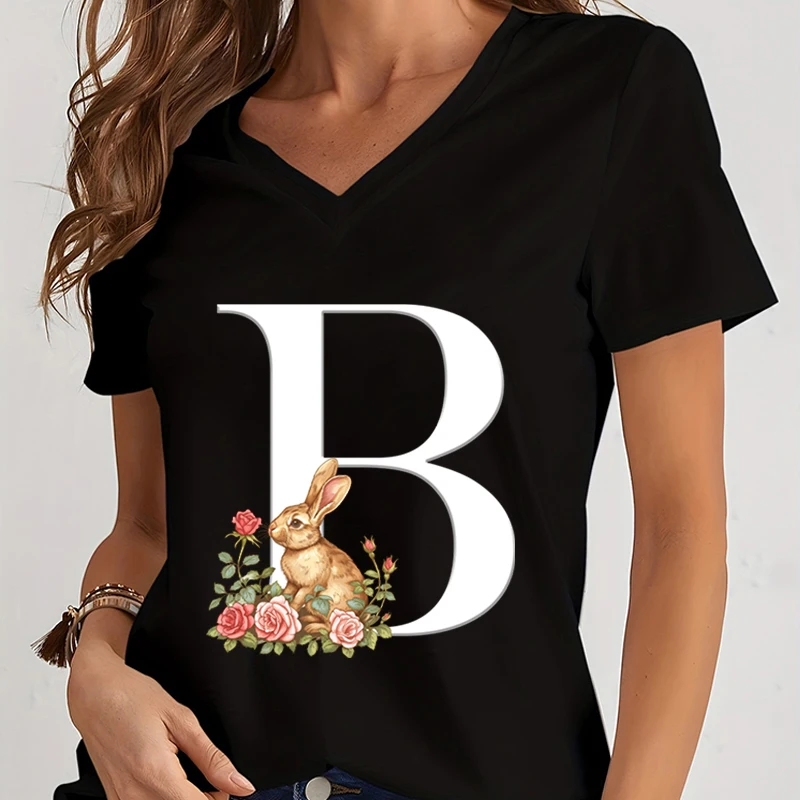 Woman T-shirts A-Z 26 Alphabet Bunny Graphic V Collar Rabbit Tops Initials FlowerT Shirt for Women Funny T-shirt Female Clothing