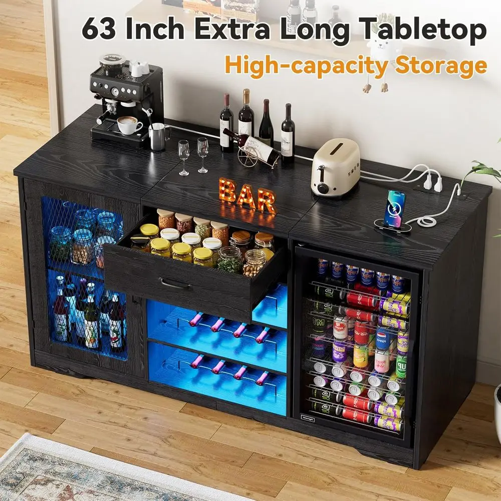 Bar Cabinet with Fridge Space, LED Light, Charging Station, Long Liquor Cabinet with Drawer Storage, Mini Fridge Cabinet, Buffet