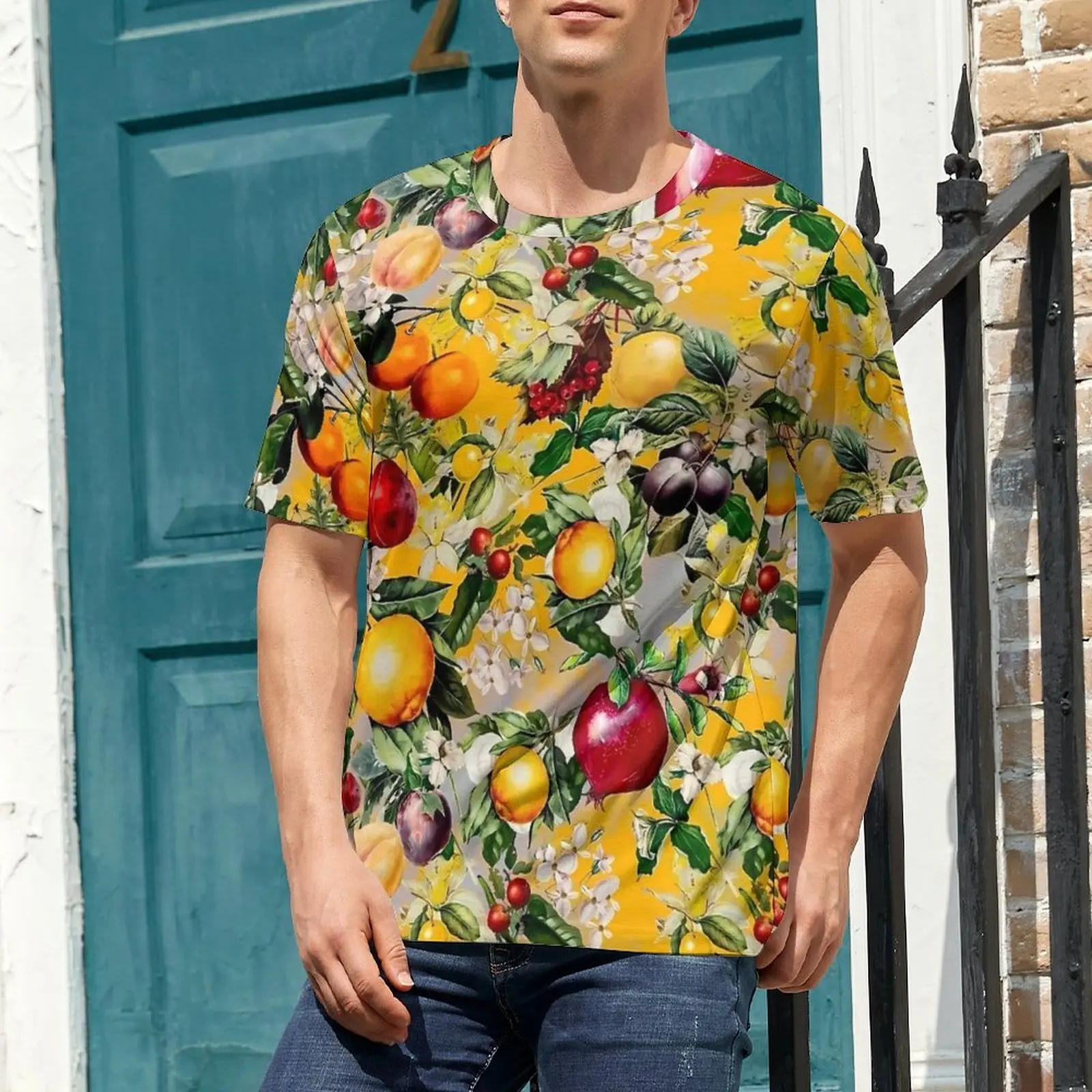 Fruit Print T-Shirt For Men Yellow Floral Pattern O Neck T Shirts Beach Harajuku Tops Short Sleeve Streetwear Oversize Tee Shirt