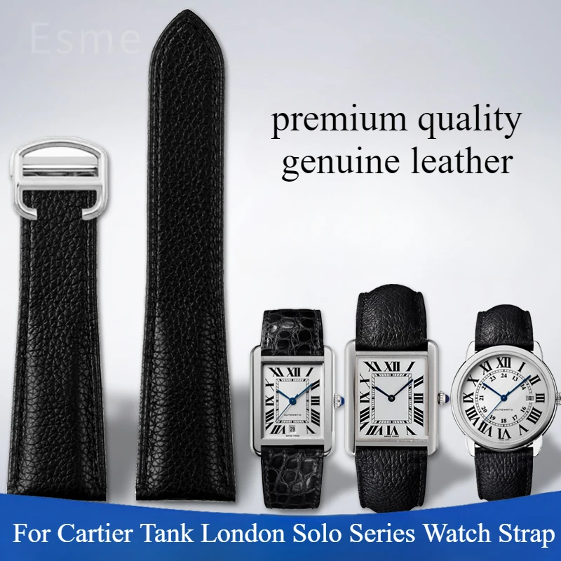Para Cartier Tank Must London Solo Series patrón de lichi accesorios de correa de reloj de cuero genuino para hombres y mujeres 18 20 22 negro