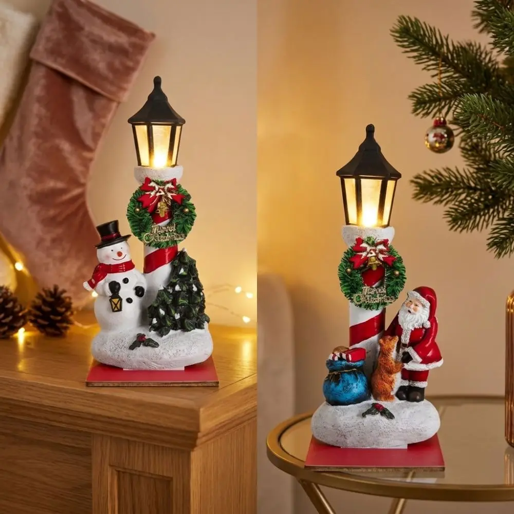 2Pcs 2D Flat Santa Wooden Tabletop Ornament Snow Scene Vintage Street-lamp Snowman Xmas Decor Wreath Stable Base