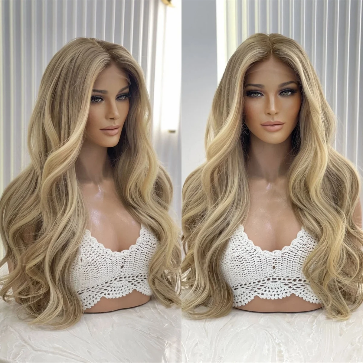 

Body Wave Golden Blonde Highlights High Heat Synthetic 13x4HD Lace Front Wig Long Middle Parting Cosplay Daily Party Use Wear&Go