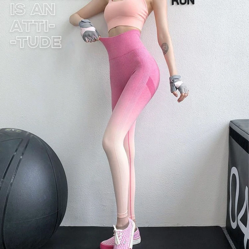 Gradient Color Yoga Pants for Women with High Stretch Peach Pants for Hip Lifting Quick-drying High Waist Fitness Sports Tights