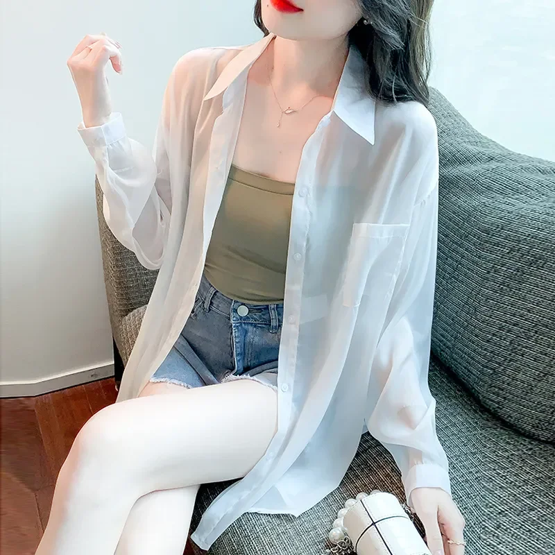 

Женская рубашка из шифона с эффектом ледяного шелка, защита от солнца, дышащая, с длинными рукавами, свободный кардиган-пальто для лета, белого цвета