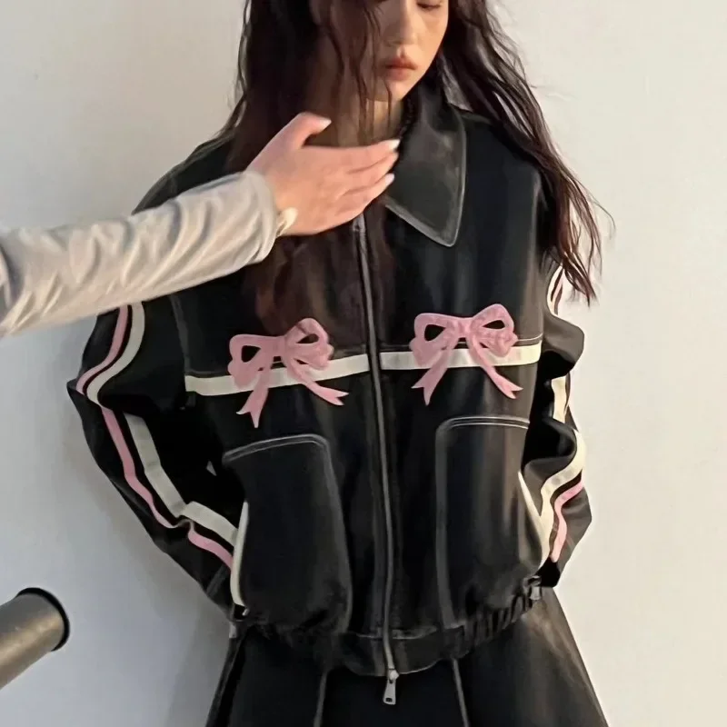 Bow Design Leather Jackets Bomber Women Hip Hop Racing Korean Fashion Short Jacket Vintage Y2k Outerwear Coats Design Pu Outwear