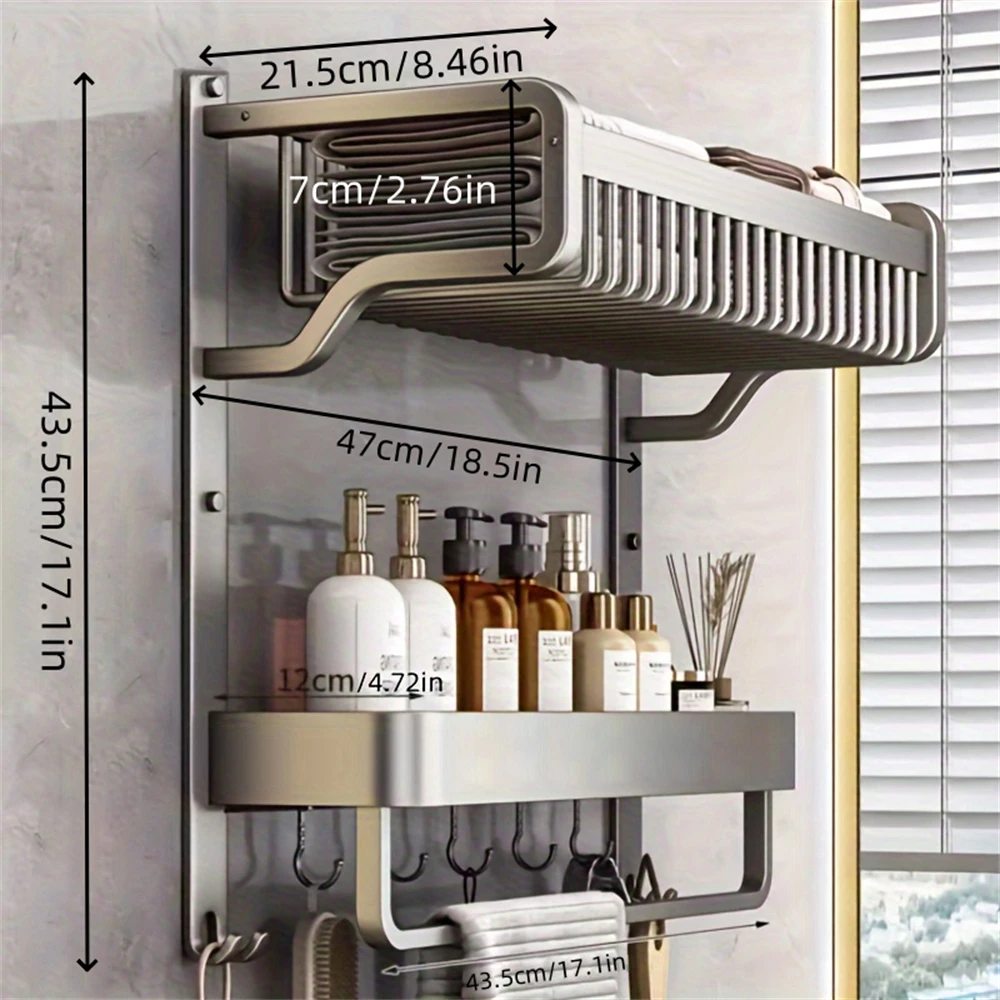 1 Piece 2-Layer Bathroom Space Towel Rack With Shampoo Bottle And Mouthwash Cup     Double-Layer Shelf Bathroom Pole With Hook