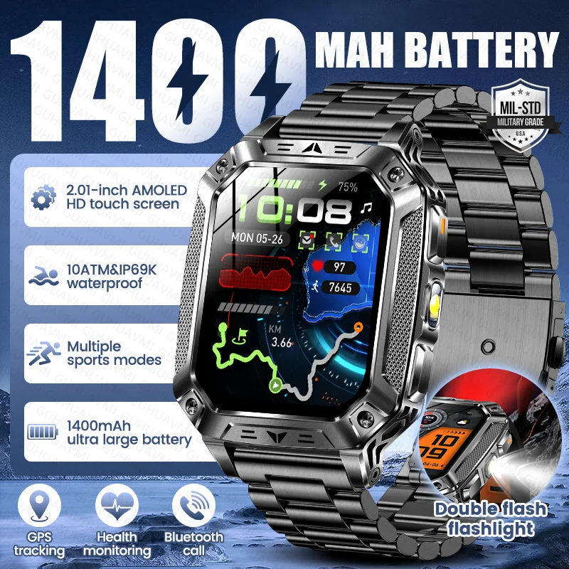 

Новые мужские умные часы для активного отдыха с аккумулятором 1400 мАч, фонариком, SOS, двойной вспышкой, GPS, водонепроницаемостью 10ATM и функцией Bluetooth-звонков