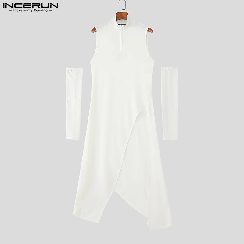 INCERUN Men Irregular T Shirt Solid Off Shoulder Long Sleeve Casual Male Tee Tops Zipper Streetwear Long Style T-shirts Men 2025