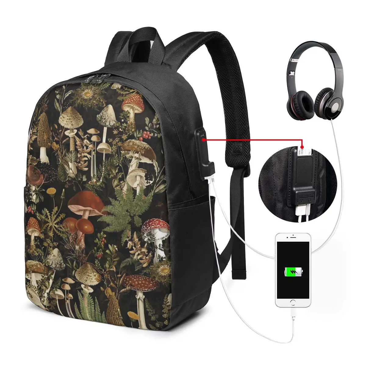 Midnight Mushrooms Forest Botanical Backpack Travel Notebook Bag Computer College Student School Bag Laptop Shoulder Bags