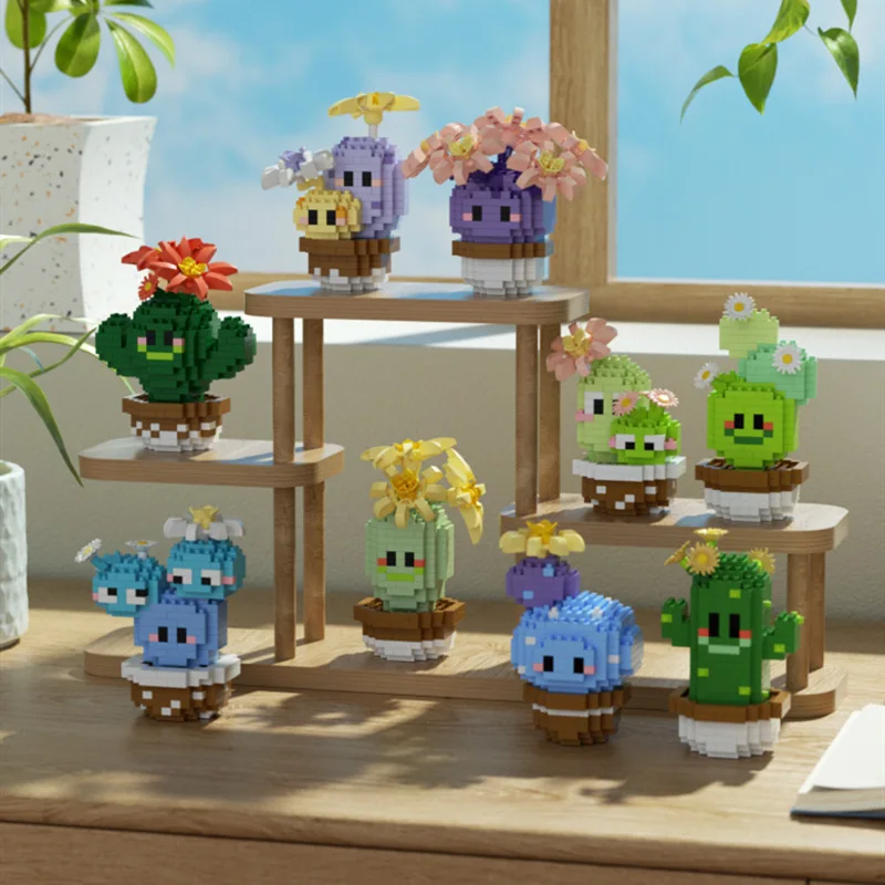 مكعبات بناء ممتعة، صبار، عصارة، زخارف إبداعية لسطح المكتب، مكعبات بناء لعبة مجمعة للأطفال والبنات