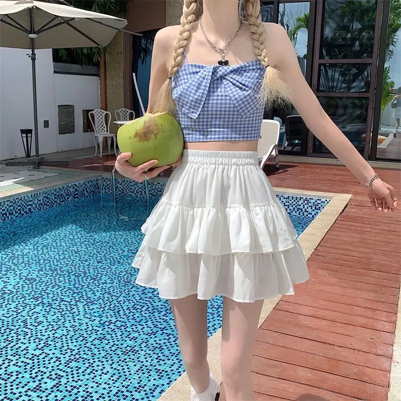 Pleated A-line Skirt White Women Ruffles Sweet Hottie Preppy Style Elastic Elastic Waist Slim Thin SimpleCasual Summer Wholesale