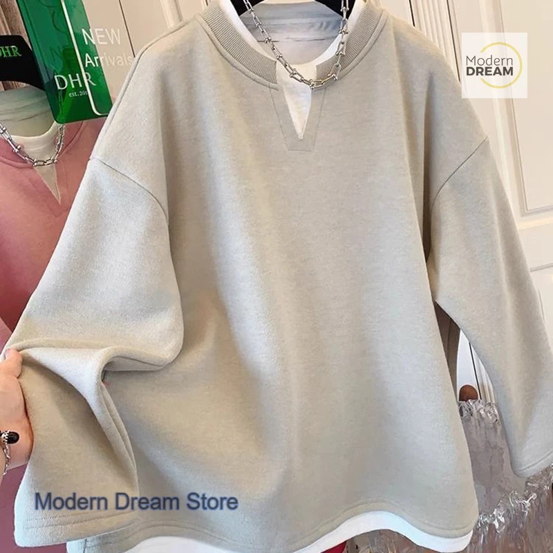 

French style solid color fashion fake two-piece round neck sweater women's autumn and winter new bottoming shirt loose blouse