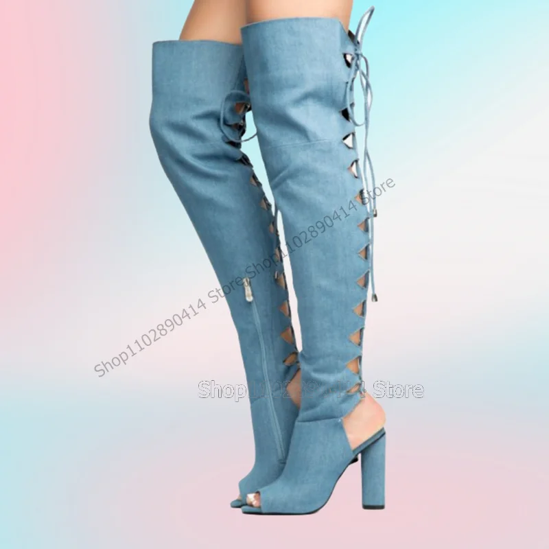 

Blue Denim Hollow Cut Heel Peep Toe Boots Back Strap Women Shoes Chunky High Heels Novel Fashion Party 2023 Zapatos Para Mujere