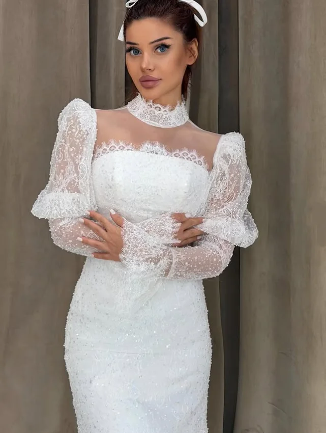 Customized Elegant Arabian Wedding Dress Lace Square Neck Custom Fit White Long Sleeve Muslim Bridal Gown Fishtail Bridal Party