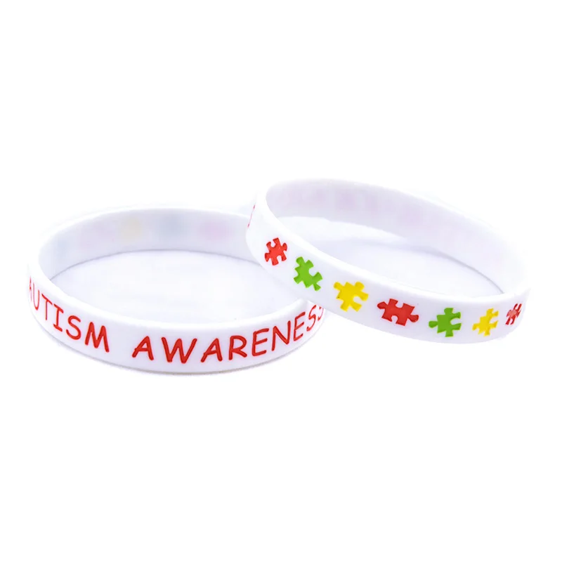 50 Stück Autismus-Bewusstseins-Silikonarmbänder mit Gravur, Puzzle-Logo, Gummi-Armband, 2 Größen – Detail 2