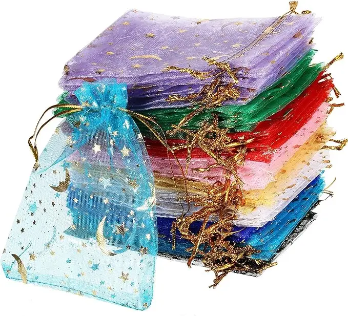 100PCS/500PCS, 7 Sizes, 12 Colors, Star Moon Organza Gauze Drawstring Gift Bag, Wedding Favor Bag, Jewelry Packaging Bag