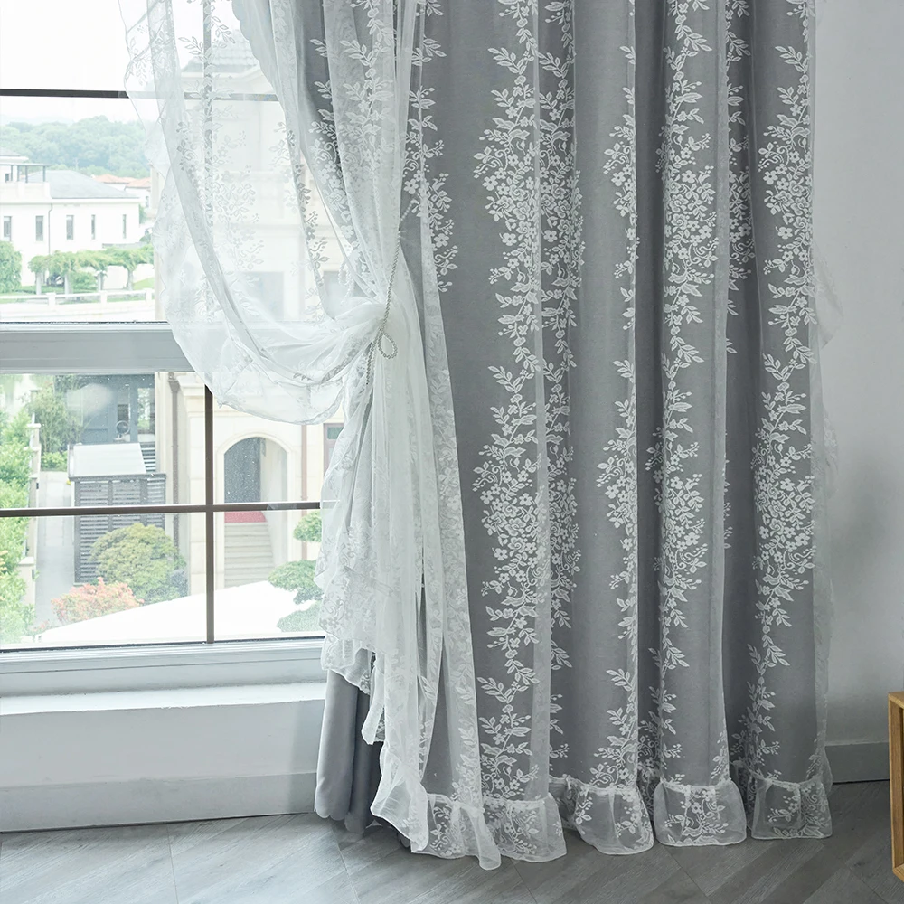 

1pc Gray Embroidered Curtains with Ruffles, Elegant Double Layer Wreath Embroidery Window Drapes for Home