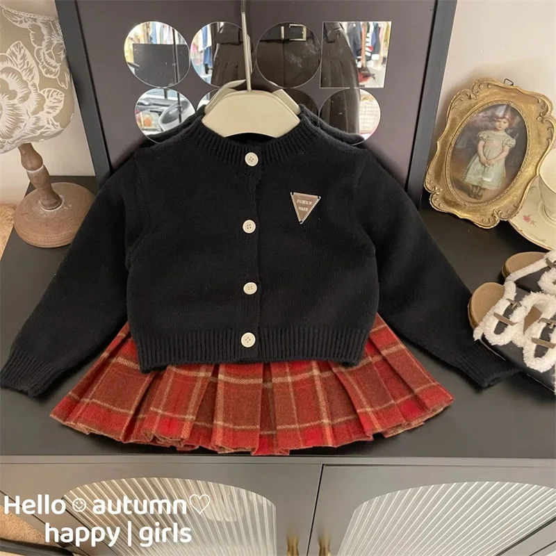 Children's Clothing Girls' Suit2024Autumn and Winter New Children Western Style Thick Knit Cardigan Pleated Skirt