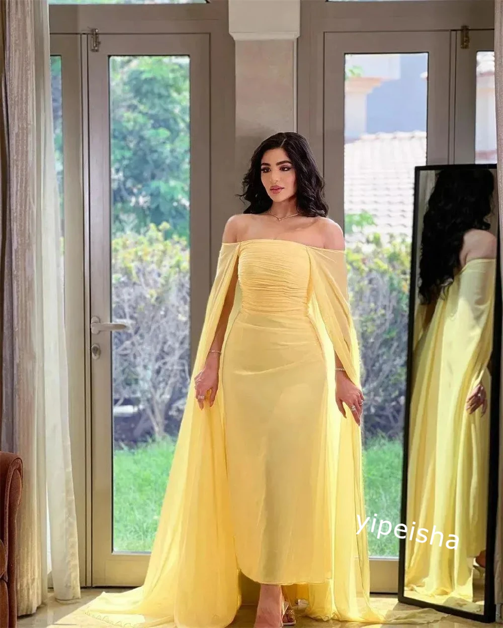 Evening  Ball  Saudi Arabia  Satin Pleat Celebrity A-line Off-the-shoulder Bespoke Occasion Gown Midi es 