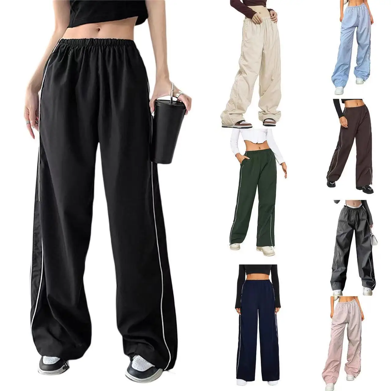 

Y2K Women's Loose Work Pants Drawstring Elastic Low Waist Parachute Pants Sports Pants Loose Hip Pants Solid Color Pants