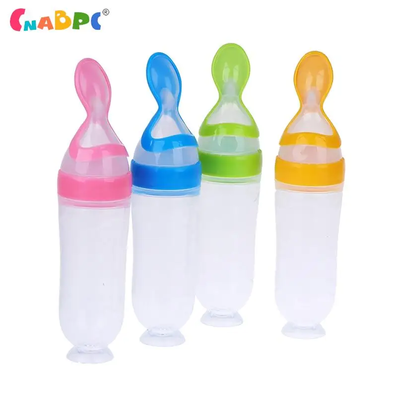 Botella de alimentación exprimidora de silicona para bebé, cuchara de entrenamiento para recién nacido, alimentador de suplemento de cereales, vajilla útil segura para niños, 90ml