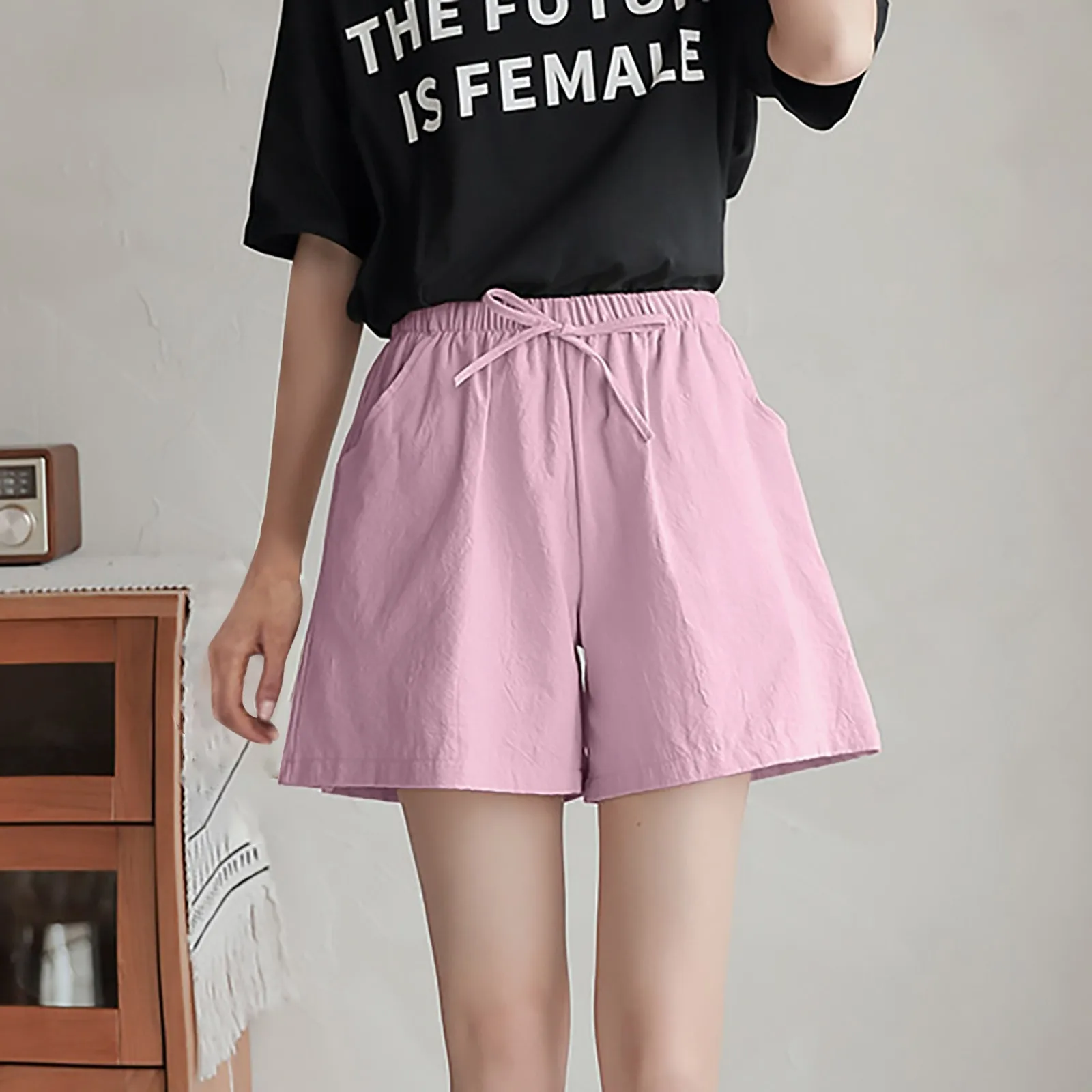 Short à jambes larges pour femmes, grande taille, décontracté, en coton et lin, taille haute, à lacets, couleur unie, à la mode