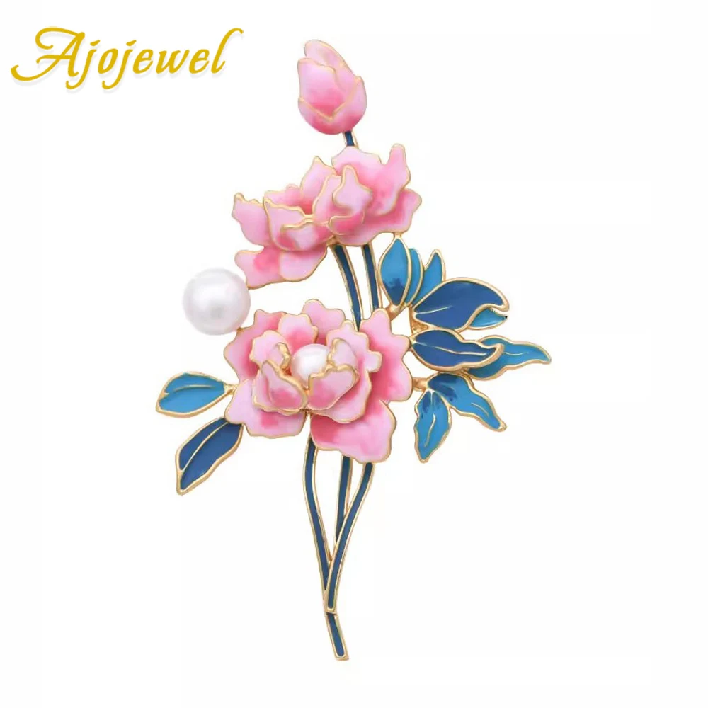 

Ajojewel White Pearl Pink Peony Flower Brooch With Blue Enamel Leaves Beautiful Cheongsam Hanfu Costume Jewelry Gift For Women