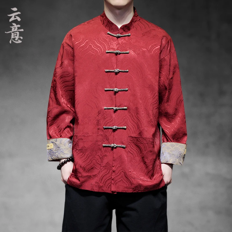

Red Long Sve Men's irt New Chinese Sle Embroidered Caozhou Coat Spring Faion Men's irt Hanfu Tang Costume Ethnic C...