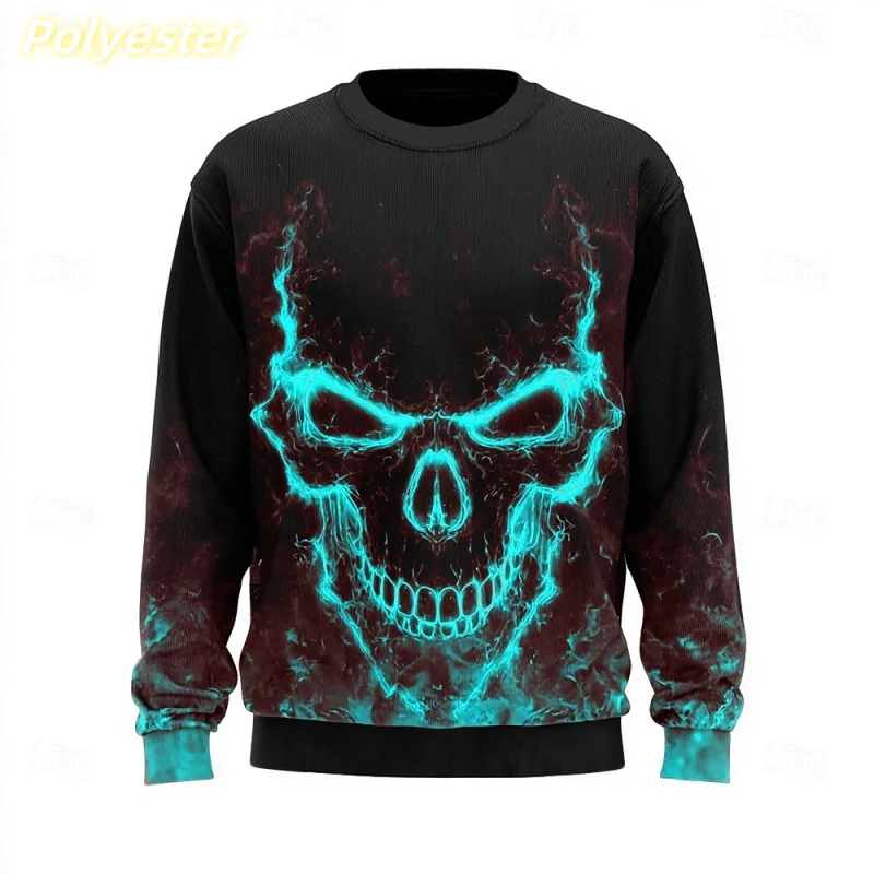 Flame Skull Pattern Hoodie For Men Skeleton 3D Printed Pullover Autumn Street Long Sleeve O-Neck Hoodies Oversized Mens clothing