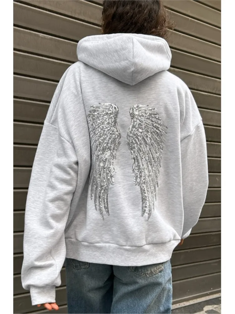 Spring Autumn Solid Sweatshirt Woman's Fashion Pleated Sequins Design Hooded Long Sleeves Pullover With Pocket Ladies Streetwear