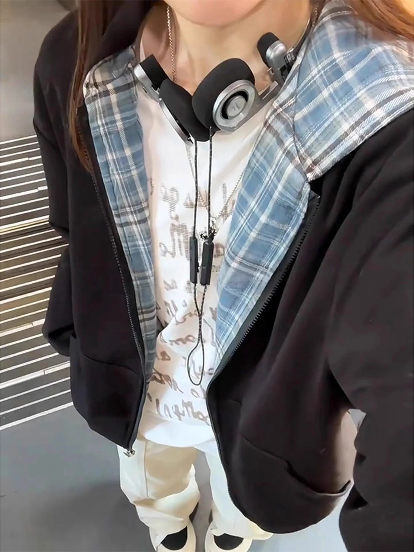 

Miu Sle двусторонний кардиган на молнии, свитшот ex American College, ленивая пара, клетчатая верхняя одежда, свободный крой, длинный све