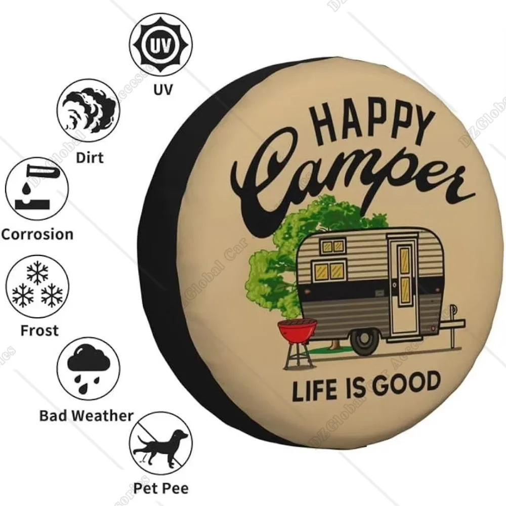 Happy Camper Life Is Good Spare Tire Cover Weatherproof Universal Wheel Protectors for RV Camper Travel Trailer SUV Truck