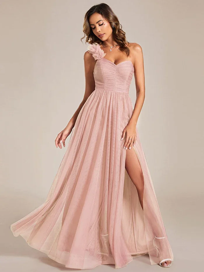 Backless  Pleated Sweetheart Neckline One Shoulder with Floral Tulle High Slit A-Line Long Bridesmaid Dress