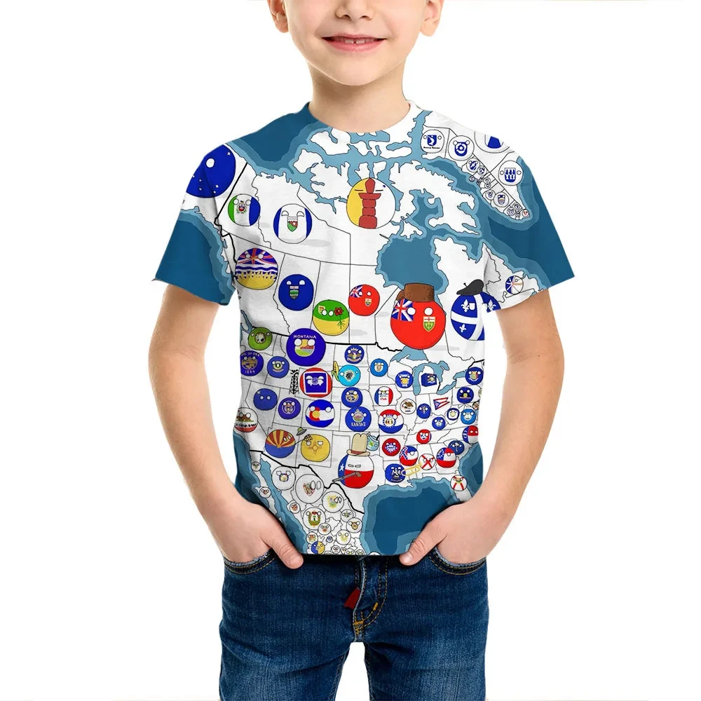 Countryball Polandballs Print Summer Funny 3D Kids T-Shirt Oversized Casual O-Neck Harajuku Boys Trend Children Clothing T-shirt